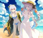  2girls ball beachball bikini blue_bikini blue_bikini_bottom blue_bikini_top blue_eyes blue_sky breasts cleavage clouds coat crab fate/grand_order fate_(series) flame_print hand_holding hat holding holding_ball inaeda_kei kiyohime_(fate/grand_order) kiyohime_(swimsuit_lancer)_(fate) looking_at_another marie_antoinette_(fate/grand_order) marie_antoinette_(swimsuit_caster)_(fate) multiple_girls off_shoulder open_clothes open_coat open_mouth red_eyes sand_castle sand_sculpture silver_hair sky sparkle starfish straw_hat swimsuit 
