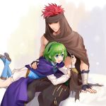  1boy 1girl blue_eyes cape fingerless_gloves fire_emblem fire_emblem:_rekka_no_ken gloves green_hair hairband holding_needle jaffar_(fire_emblem) needle nino_(fire_emblem) oshiri_(12764076) red_eyes redhead sewing sewing_needle short_hair smile thread 