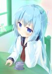  ! 1girl :t alternate_costume anger_vein arm_support artist_name bangs blue_eyes blue_flower blue_hair blush chair closed_mouth commentary_request cup day eyebrows_visible_through_hair flower gochuumon_wa_usagi_desu_ka? hair_between_eyes highres indoors kafuu_chino long_sleeves looking_at_viewer neckerchief pout purple_flower red_flower red_neckwear saucer school_uniform serafuku shiraki_shiori shirt sitting sleeves_past_fingers sleeves_past_wrists solo sunlight table vase white_shirt window yellow_flower 