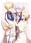  1girl 2boys :t artoria_pendragon_(all) bangs bare_shoulders blonde_hair blue_neckwear blush breasts cake cleavage closed_mouth collarbone collared_shirt cowboy_shot dress earrings eating elbow_gloves eyebrows_visible_through_hair fate/grand_order fate/prototype fate/stay_night fate_(series) flower food food_in_mouth formal gloves green_eyes hair_between_eyes hair_flower hair_ornament hair_ribbon hand_on_another&#039;s_arm hand_on_another&#039;s_shoulder height_difference holding holding_plate jacket jewelry long_sleeves looking_at_another looking_down looking_up merlin_(fate/stay_night) midriff multiple_boys myo_ne necklace necktie off-shoulder_dress off_shoulder outside_border pants pink_background plate ribbon saber saber_(fate/prototype) see-through shirt short_hair silver_hair simple_background slice_of_cake small_breasts smile standing standing_on_one_leg striped striped_shirt suit vertical-striped_shirt vertical_stripes vest violet_eyes white_dress white_gloves white_jacket white_pants white_ribbon white_vest wing_collar 