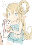  1girl bare_shoulders blonde_hair blue_eyes charlotta_(granblue_fantasy) curly_hair directional_arrow eyes_visible_through_hair granblue_fantasy harbin long_hair looking_at_another pointy_ears see-through solo_focus walkalone 