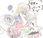  !? 2girls 66ta1yak1 @_@ bare_shoulders blonde_hair blue_eyes blush closed_eyes fate/grand_order fate_(series) gauntlets hat hat_removed headpiece headwear_removed heart hug jeanne_d&#039;arc_(fate) jeanne_d&#039;arc_(fate)_(all) kiss marie_antoinette_(fate/grand_order) multiple_girls red_hat silver_hair sketch sleeveless thought_bubble translation_request twintails white_background yuri 