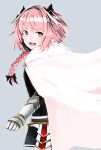  1boy :d absurdres astolfo_(fate) bangs black_bow black_dress bow braid cloak commentary cowboy_shot dress fang fate/apocrypha fate_(series) faulds from_side fur-trimmed_cloak fur_collar gauntlets grey_background hair_bow hair_intakes highres long_hair long_sleeves looking_at_viewer looking_to_the_side male_focus multicolored_hair open_mouth pink_hair shiny shiny_hair short_dress simple_background single_braid smile solo standing streaked_hair trap two-tone_hair violet_eyes white_cloak white_hair 