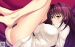  1girl ass bare_legs barefoot black_panties breasts erect_nipples fate/grand_order fate_(series) highres large_breasts long_hair lying on_back panties purple_hair ribbed_sweater scathach_(fate/grand_order) solo sweater tsurugi_ai_(seikan_hitchhiker) underwear violet_eyes 