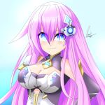  1girl absurdres blue_eyes breasts cleavage cleavage_cutout commentary cundodeviant elbow_gloves gloves hair_between_eyes highres large_breasts long_hair looking_at_viewer nepgear nepnep_connect:_chaos_chanpuru neptune_(series) pink_hair power_symbol purple_sister shoulder_pads smile solo symbol-shaped_pupils upper_body 