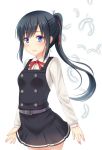  1girl alternate_hairstyle asashio_(kantai_collection) black_hair blue_eyes cowboy_shot dress hanazome_dotera kantai_collection long_hair long_sleeves looking_at_viewer pinafore_dress ponytail simple_background solo white_background white_feathers 