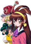  6+girls 90s anna_respighi aqua_eyes aqua_hair arm_up ayla_v_roznovsky battle_athletes black_hair blonde_hair blue_eyes brown_hair clenched_hand dark_skin fang forehead_jewel hairband jessie_gurtland kanzaki_akari long_sleeves multiple_girls official_art one_eye_closed open_mouth orange_eyes pink_hair profile red_eyes rimless_eyewear round_eyewear short_hair simple_background sleeves_past_wrists smile tanya_natdhipytadd upper_body violet_eyes white_background wristband yanagida_ichino 