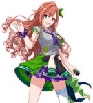  1girl arisugawa_natsuha black_eyes bow clothes_around_waist emblem green_bow green_jacket grey_shirt idol_clothes idolmaster idolmaster_shiny_colors jacket jacket_around_waist long_hair microphone miniskirt mismatched_legwear official_art purple_neckwear purple_scrunchie purple_skirt redhead scrunchie shirt short_sleeves skirt smile solo thigh-highs transparent_background wrist_scrunchie 