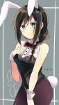  1girl :x animal_ears bare_arms bare_shoulders black_hair black_hairband black_leotard blue_eyes blush bow bowtie braid breasts bunny_tail bunnysuit center_frills cowboy_shot fake_animal_ears fake_tail hair_flaps hair_over_shoulder hair_ribbon hairband hand_on_own_chest highres kantai_collection leotard light_frown long_hair looking_at_viewer medium_breasts pantyhose purple_legwear rabbit rabbit_ears red_bow red_neckwear red_ribbon remodel_(kantai_collection) ribbon shigure_(kantai_collection) single_braid sleeveless solo standing tail tareme twitter_username two-tone_background wavy_mouth wrist_cuffs yukichi_(eikichi) 