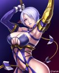  1girl armor armpits arms_up breasts closed_mouth feet_out_of_frame female gauntlets hair_over_one_eye holding holding_weapon holding_whip huge_breasts isabella_valentine large_breasts lipstick makeup nyaasora purple_legwear purple_lipstick revealing_clothes short_hair silver_hair solo soul_calibur soulcalibur_iv under_boob whip whip_sword white_hair 