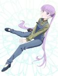  1girl between_legs black_footwear blue_pants blush eyebrows_visible_through_hair full_body grin hair_ornament hand_between_legs hands_together highres long_hair new_game! pants purple_hair shirt sitting smile solo suspenders suzukaze_aoba twintails very_long_hair violet_eyes white_background 