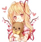  blonde_hair bow closed_mouth commentary_request eyelashes fang flandre_scarlet heart hug looking_at_viewer no_hat no_headwear paragasu_(parags112) puffy_short_sleeves puffy_sleeves red_eyes red_ribbon red_vest ribbon shirt short_sleeves side_ponytail solo stuffed_animal stuffed_toy teddy_bear touhou upper_body vest white_background white_shirt wings wrist_cuffs yellow_bow 