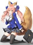  1girl animal_ears black_legwear breasts briefcase fate/extra fate_(series) fox_ears fox_tail gradient gradient_background kneeling long_hair medium_breasts pink_hair plaid plaid_skirt school_uniform skirt solo tail tamamo_(fate)_(all) tamamo_no_mae_(fate) thigh-highs yellow_eyes yyo 