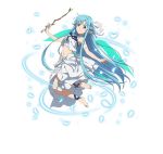  1girl ankle_ribbon arm_strap asuna_(sao-alo) blue_eyes blue_hair blue_ribbon floating_hair full_body holding holding_wand long_hair midriff navel pointy_ears ribbon simple_background sleeveless smile solo stomach sword_art_online very_long_hair wand white_background 
