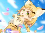  1girl blonde_hair blue_sky blurry bow bowtie breasts cat_tail commentary elbow_gloves extra_ears from_below gloves green_eyes high-waist_skirt highres kemono_friends looking_at_viewer looking_down open_mouth petals sand_cat_(kemono_friends) sandstar shiraha_maru shirt short_hair skirt sky sleeveless sleeveless_shirt solo tail white_shirt 