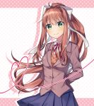  1girl arms_behind_back bangs blazer blue_skirt blush bow breasts brown_blazer closed_mouth collared_shirt commentary doki_doki_literature_club eyebrows_visible_through_hair green_eyes hair_between_eyes hair_bow head_tilt heart high_ponytail jacket long_hair medium_breasts minamiya_mia monika_(doki_doki_literature_club) neck_ribbon pleated_skirt polka_dot polka_dot_background ponytail red_ribbon ribbon shirt sidelocks skirt smile solo sweater_vest very_long_hair white_bow white_shirt 