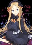  1girl abigail_williams_(fate/grand_order) bangs black_bow black_dress black_footwear black_hat blonde_hair blue_eyes bow butterfly dress eyebrows_visible_through_hair fate/grand_order fate_(series) forehead hair_bow hat head_tilt highres long_hair long_sleeves looking_at_viewer mary_janes nikame orange_bow parted_bangs parted_lips polka_dot polka_dot_bow shoes sitting sleeves_past_fingers sleeves_past_wrists solo very_long_hair 