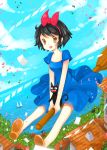 1girl :o bird black_cat black_hair blue_dress blue_sky boat breasts broom brown_eyes cat clouds cloudy_sky day dress dutch_angle eyelashes flying hair_ribbon highres house jiji_(majo_no_takkyuubin) kiki lamppost larienne leaf lens_flare majo_no_takkyuubin ocean paper petals red_ribbon ribbon sailboat scared shoes short_dress short_hair short_sleeves sitting sky small_breasts smile sunlight watercraft witch 