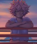  1girl arm_rest artist_name ashido_mina backlighting black_sclera boku_no_hero_academia closed_mouth crossed_arms half-closed_eyes highres horns keiid leaning_on_object looking_at_viewer medium_hair messy_hair midriff outdoors purple_hair purple_skin railing shirt smile solo stomach t-shirt twilight upper_body white_shirt yellow_eyes 