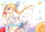  1girl ;d apple bangs blonde_hair blue_bow blush bow bracelet commentary_request dress eyebrows_visible_through_hair fingernails food fruit hair_between_eyes hair_bow head_tilt high_heels highres holding holding_fruit holding_spoon jewelry kiwi_slice kohinata_hoshimi looking_at_viewer one_eye_closed open_mouth original oversized_object red_apple sleeveless sleeveless_dress smile solo standing standing_on_one_leg strawberry twintails violet_eyes water_drop white_dress white_footwear 