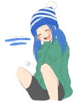  1girl :d ^_^ ^o^ bike_shorts black_shorts blue_hair bobble-chan_(splatoon) bobblehat closed_eyes commentary_request green_jacket jacket mochunabeeeee open_mouth personification pointy_ears shorts sidelocks simple_background sitting smile solo splatoon splatoon_(manga) translation_request 