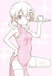  1girl ;q animal_print bangs bare_arms bare_shoulders blush breasts bunny_print china_dress chinese_clothes closed_mouth coffee_cup dress eyebrows_visible_through_hair gochuumon_wa_usagi_desu_ka? hair_between_eyes hair_ornament hairclip hand_on_hip holding holding_tray hoto_cocoa itamochi long_hair low_twintails medium_breasts one_eye_closed partially_colored pelvic_curtain pink_background pink_dress print_dress sleeveless sleeveless_dress smile solo sparkle standing standing_on_one_leg thigh-highs tongue tongue_out tray twintails violet_eyes 