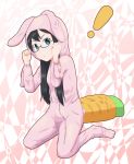  ! 1girl adjusting_eyewear animal_costume animal_ears black_hair blue_eyes bunny_costume carrot commentary_request full_body glasses highres kantai_collection kneeling long_hair long_sleeves looking_at_viewer onesie ooyodo_(kantai_collection) pillow rabbit_ears sazanami_konami sidelocks solo 