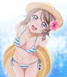  1girl :d anchor_necklace arms_behind_back backlighting bare_shoulders bikini blue_eyes blue_ribbon blurry blurry_background blush breasts brown_hat cleavage collarbone cowboy_shot depth_of_field flower from_above h.i.t_(59-18-45) hair_flower hair_ornament hair_tie hat hibiscus highres innertube jewelry leaning_forward looking_at_viewer looking_up love_live! love_live!_sunshine!! low_twintails medium_breasts necklace open_mouth pendant pink_flower ribbon round_teeth short_hair side-tie_bikini smile solo standing striped striped_bikini sun_hat swimsuit teeth twintails watanabe_you 