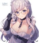  1girl adjusting_eyewear apron arm_guards azur_lane bangs belfast_(azur_lane) bespectacled blue_eyes blurry blush braid breasts chains character_name cleavage closed_mouth collar collarbone corset depth_of_field elbow_gloves eyebrows_visible_through_hair french_braid from_above glasses gloves grey-framed_eyewear large_breasts long_hair looking_at_viewer looking_up maid_headdress semi-rimless_eyewear silver_hair simple_background smile solo turret twitter_username under-rim_eyewear upper_body very_long_hair veryberry00 white_apron white_background white_gloves 