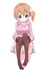  1girl aran_sweater bangs blush breasts brown_legwear bunny_hair_ornament closed_mouth eyebrows_visible_through_hair gochuumon_wa_usagi_desu_ka? hair_between_eyes hair_ornament hoto_cocoa itamochi long_sleeves looking_at_viewer no_shoes orange_hair panties pantyhose pantyhose_pull pantyshot pantyshot_(sitting) pink_panties pink_sweater pleated_skirt shadow short_hair side_ponytail sitting skirt small_breasts smile solo sweater underwear undressing upskirt violet_eyes white_background white_skirt 