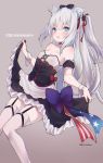  1girl american_flag american_flag_print animal_ears azur_lane bangs bare_shoulders black_bow blue_bow blue_eyes blush bow breasts brown_background cat_ears cat_hair_ornament character_name commentary_request detached_sleeves dress eyebrows_visible_through_hair fang flag_print garter_belt garter_straps hair_between_eyes hair_bow hair_ornament hair_ribbon hammann_(azur_lane) long_hair looking_at_viewer mimelond one_side_up open_mouth puffy_short_sleeves puffy_sleeves red_ribbon remodel_(azur_lane) ribbon short_sleeves silver_hair simple_background skirt_hold small_breasts solo strapless strapless_dress thigh-highs very_long_hair white_hair white_legwear wrist_cuffs 