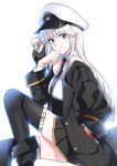  1girl animal animal_on_shoulder azur_lane bald_eagle bangs bare_shoulders bird bird_on_shoulder black_coat black_footwear black_legwear black_neckwear boots breasts clenched_hand collared_shirt commentary_request eagle enterprise_(azur_lane) eyebrows_visible_through_hair hand_in_pocket hand_on_own_chin hat jinnot long_hair looking_at_viewer necktie peaked_cap shirt silver_hair sitting sleeveless sleeveless_shirt solo thigh-highs thighs violet_eyes white_hat white_shirt zettai_ryouiki 