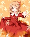  1girl :d aki_shizuha blonde_hair hair_ornament highres leaf leaf_background leaf_hair_ornament long_sleeves looking_at_viewer open_mouth orange_hair outstretched_arm red_shirt red_skirt ruu_(tksymkw) shirt simple_background skirt skirt_hold skirt_set smile solo touhou yellow_eyes 