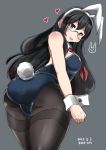  1girl animal_ears ass bare_shoulders black_hair black_legwear blue_eyes blue_leotard breasts bunny_girl bunny_tail bunnysuit dated detached_collar fake_animal_ears grey_background heart highres kantai_collection leotard long_hair looking_at_viewer looking_back ooyodo_(kantai_collection) open_mouth pantyhose rabbit_ears semi-rimless_eyewear small_breasts smile solo strapless strapless_leotard tail thighband_pantyhose wrist_cuffs yasuda_katsunori 