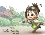  +++ 1girl :3 anjanath book boots brown_hair bush capelet chamaji commentary_request fingerless_gloves footprints gloves goggles goggles_on_head handler_(monster_hunter_world) highres long_sleeves monster_hunter monster_hunter:_world open_mouth outdoors outstretched_arms short_hair sparkle 