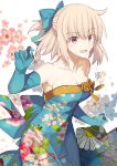  1girl bare_shoulders blonde_hair blue_dress blue_gloves breasts collarbone dress elbow_gloves eyebrows_visible_through_hair fate/grand_order fate_(series) floral_background floral_dress floral_print flower formal gloves hair_ribbon highres koha-ace looking_at_viewer medium_breasts nikame okita_souji_(fate) open_mouth ribbon short_hair signature smile solo yellow_eyes 