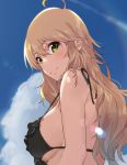  !! 1girl ahoge bangs bare_arms bare_shoulders bikini bikini_top black_bikini blue_sky blush breasts closed_mouth clouds cloudy_sky commentary_request condensation_trail day eyebrows_visible_through_hair frilled_bikini_top frills from_side green_eyes hair_between_eyes highres hoshii_miki idolmaster idolmaster_(classic) kurokin large_breasts lens_flare light_brown_hair long_hair looking_at_viewer outdoors sideboob sky smile solo strap_gap string_bikini summer sweat swimsuit upper_body 