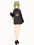  1girl ahoge animal_ears arm_at_side bangs bare_legs black_dress black_footwear blush closed_mouth dress full_body green_eyes green_hair jewelry long_hair long_sleeves looking_at_viewer manio necklace original paw_background paw_print shiny shiny_hair shoes sleeves_past_wrists smile solo standing straight_hair sweater sweater_dress tareme thick_eyebrows very_long_hair white_background 