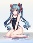  1girl bangs barefoot blue_eyes blue_hair blush breasts covered_navel full_body hair_ribbon highres long_hair looking_at_viewer natori_youkai one-piece_swimsuit original red_ribbon reflection ribbon school_swimsuit sitting small_breasts smile solo strap_pull swimsuit twintails wariza water wet 