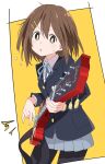  1girl :o bass_guitar blue_neckwear blue_ribbon brown_eyes brown_hair commentary_request grey_skirt guitar hair_ornament hairclip hirasawa_yui holding holding_instrument instrument ixy k-on! looking_at_viewer pleated_skirt ribbon sakuragaoka_high_school_uniform school_uniform short_hair skirt solo two-tone_background white_background yellow_background 