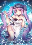  1girl black_sclera cave dress euryale fate/grand_order fate/hollow_ataraxia fate_(series) hairband headdress highres lolita_hairband long_hair partially_submerged petals purple_hair solo standing suzune_rena twintails very_long_hair violet_eyes wading white_dress 