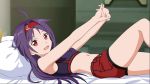  1girl :d ahoge bed_sheet bra breasts from_side game_cg headband highres indoors long_hair looking_at_viewer lying midriff navel official_art on_back open_mouth outstretched_arms pillow purple_bra purple_hair red_eyes red_shorts short_shorts shorts small_breasts smile solo sports_bra stomach sword_art_online:_fatal_bullet underwear very_long_hair yuuki_(sao) 