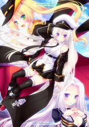  3girls :d armband azur_lane bangs bare_shoulders black_coat black_footwear black_hat black_legwear black_neckwear black_skirt blonde_hair blue_eyes blush boots breasts character_name cleavage collared_shirt commentary cowboy_hat enterprise_(azur_lane) eyebrows_visible_through_hair fingernails floating_hair green_eyes hand_behind_head hands_together hat hornet_(azur_lane) interlocked_fingers large_breasts long_coat long_hair mikoto_r_a military military_uniform miniskirt multiple_girls necktie open_mouth parted_bangs peaked_cap pleated_skirt shirt siblings silver_hair sisters skirt sleeveless sleeveless_shirt smile star thigh-highs twintails underbust uniform very_long_hair violet_eyes white_hat white_shirt yorktown_(azur_lane) zettai_ryouiki 