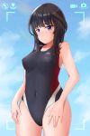  1girl agatsuma_kaede alice_gear_aegis black_hair blue_background blue_eyes blue_sky competition_swimsuit covered_navel cowboy_shot maxdeng one-piece_swimsuit sky solo standing swimsuit viewfinder 