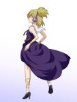  1girl alternate_costume black_footwear blonde_hair bracelet cato_(monocatienus) commentary dress earmuffs from_side full_body gradient gradient_background hands_on_hips high_heels jewelry legs_apart profile purple_dress shoes short_hair simple_background solo touhou toyosatomimi_no_miko yellow_eyes 