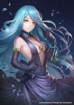  1girl aqua_(fire_emblem_if) black_dress blue_hair breasts cleavage commission dark_duck dress elbow_gloves fire_emblem fire_emblem_if gloves highres jewelry long_hair looking_at_viewer low-tied_long_hair necklace smile solo yellow_eyes 