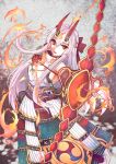  1girl archer bow fate/grand_order fate_(series) fire horns looking_at_viewer oni open_mouth tomoe_gozen tomoe_gozen_(fate/grand_order) 