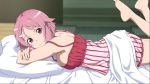  1girl barefoot bed_sheet breast_press breasts crossed_arms dress frilled_dress frills from_side game_cg hair_ornament hairclip highres indoors large_breasts lisbeth looking_at_viewer lying official_art on_stomach pillow pink_hair red_eyes short_hair sideboob sleeveless sleeveless_dress smile solo striped sword_art_online:_fatal_bullet vertical-striped_dress vertical_stripes 