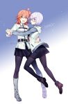  2girls :d :o ahoge ankle_boots arm_around_waist bangs belt belt_buckle black_legwear black_skirt boots brown_footwear buckle collared_shirt english erjung eyebrows_visible_through_hair fate/grand_order fate_(series) fujimaru_ritsuka_(female) full_body glasses gradient gradient_background grey_jacket hair_ornament hair_over_one_eye hair_scrunchie hand_holding hand_on_another&#039;s_shoulder highres hood hooded_jacket jacket knee_boots light_particles long_hair long_sleeves looking_at_viewer midair miniskirt multiple_girls one_side_up open_mouth orange_hair pantyhose pink_eyes pink_hair pleated_skirt purple_background scrunchie shirt skirt smile standing standing_on_one_leg track_jacket twitter_username white_footwear white_shirt yellow_eyes 