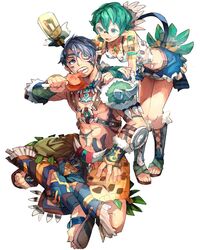  1boy 1girl bare_shoulders curly_hair eyepatch feathers food geetgeet glasses gloves hair_feathers hat headband pointy_ears saika_(xenoblade) seiken_densetsu seiken_densetsu_2 short_hair sieg_b_goku_genbu smile white_background xenoblade xenoblade_2 